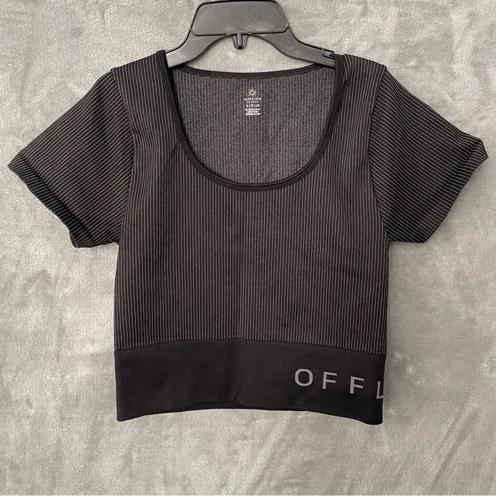 Offline By Aerie Black Fitted Ribbed Cropped Top Athleisure Size XL